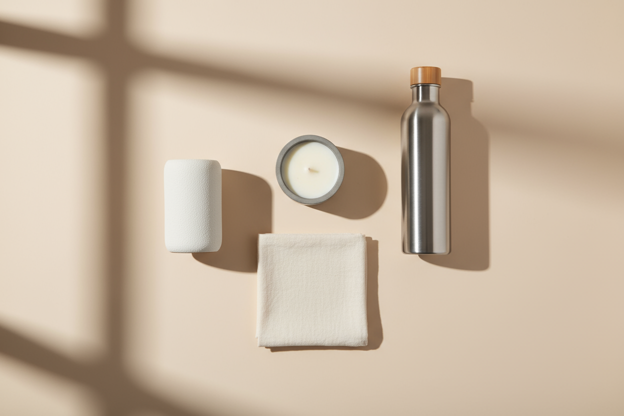 A minimalist lifestyle flat-lay on a very light background (white or soft beige). Include a few curated modern products spaced out neatly, such as: a ceramic vase, a scented candle, a folded linen cloth, and a sleek reusable bottle. Use soft natural daylight and gentle shadows. Lots of empty space for text placement. Calm, modern, premium aesthetic. No text or logos.

